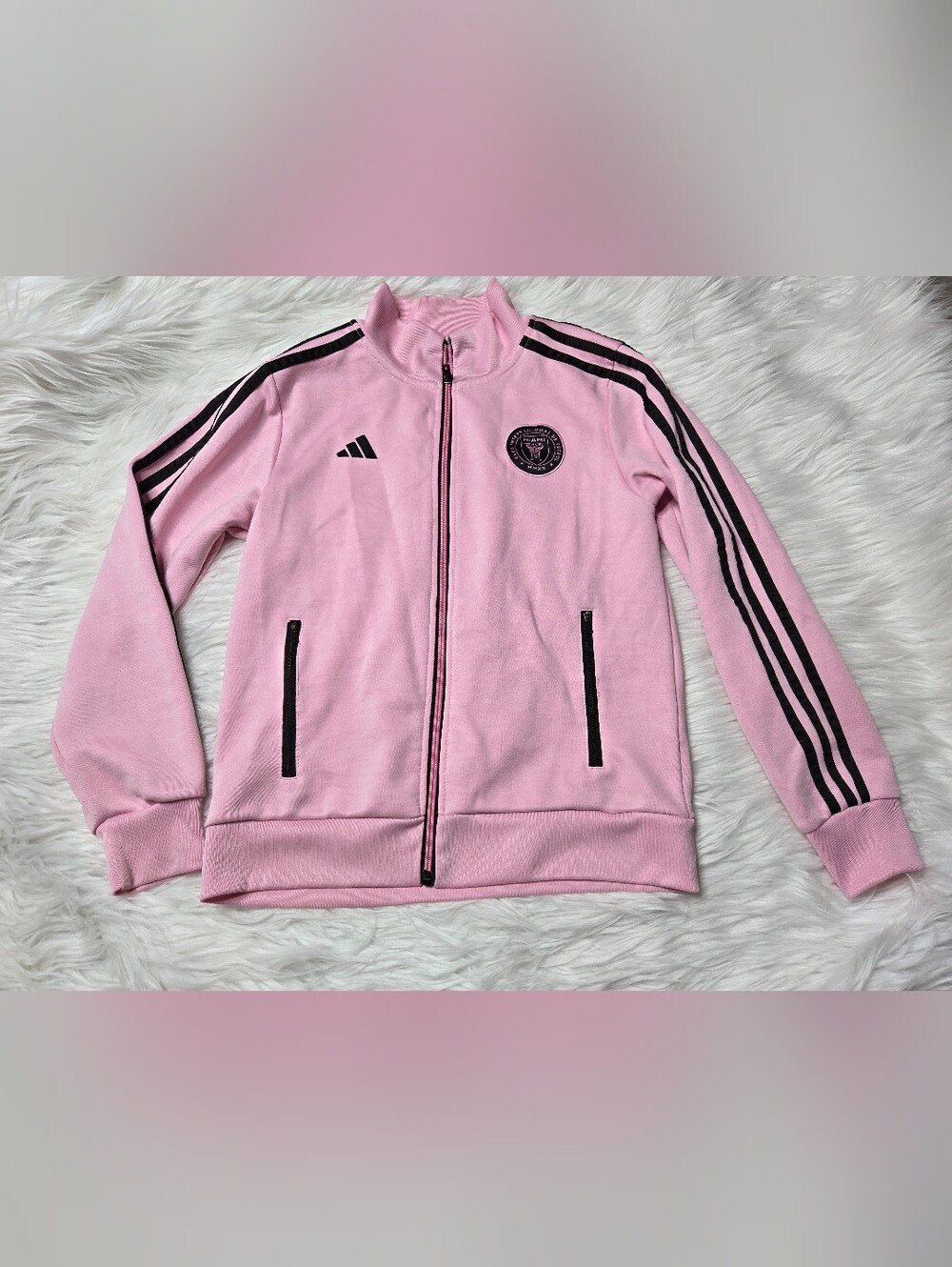 adidas X Inter Miami Pink Kids Zip-Up Track Jacket with Black Stripes